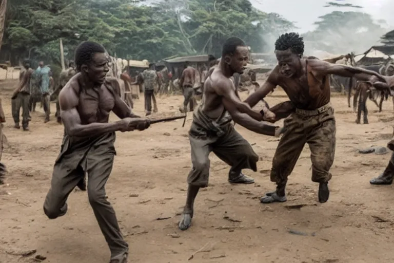 Prompt: film still of the best fight scene from the new pacific movie, set in nairobi