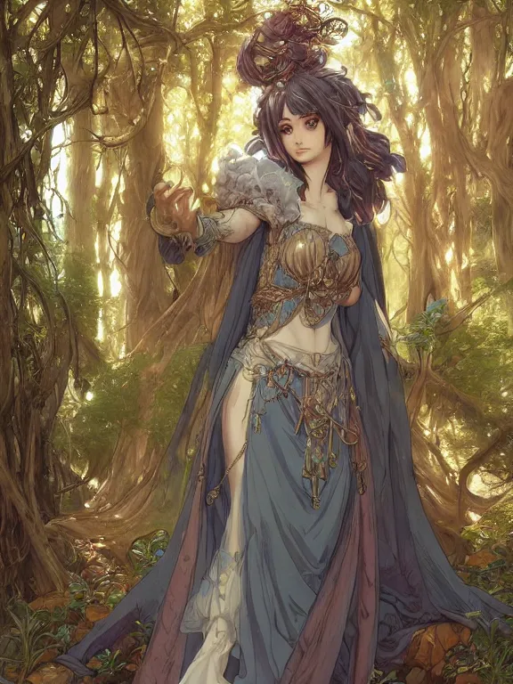 Image similar to anime key visual of amora the enchantress wearing a medieval gown!! intricate, magical forest, stunning, highly detailed, digital painting, artstation, smooth, hard focus, illustration, art by artgerm and greg rutkowski and alphonse mucha