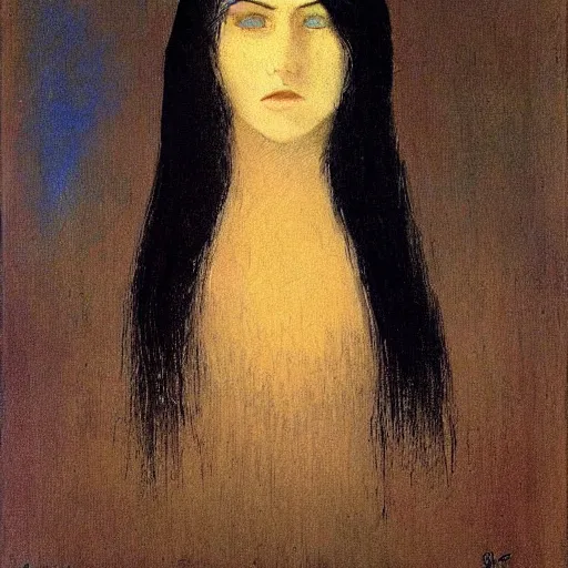 Image similar to gothic woman with big dark eyes, thick eyebrows and long hair by Odilon Redon