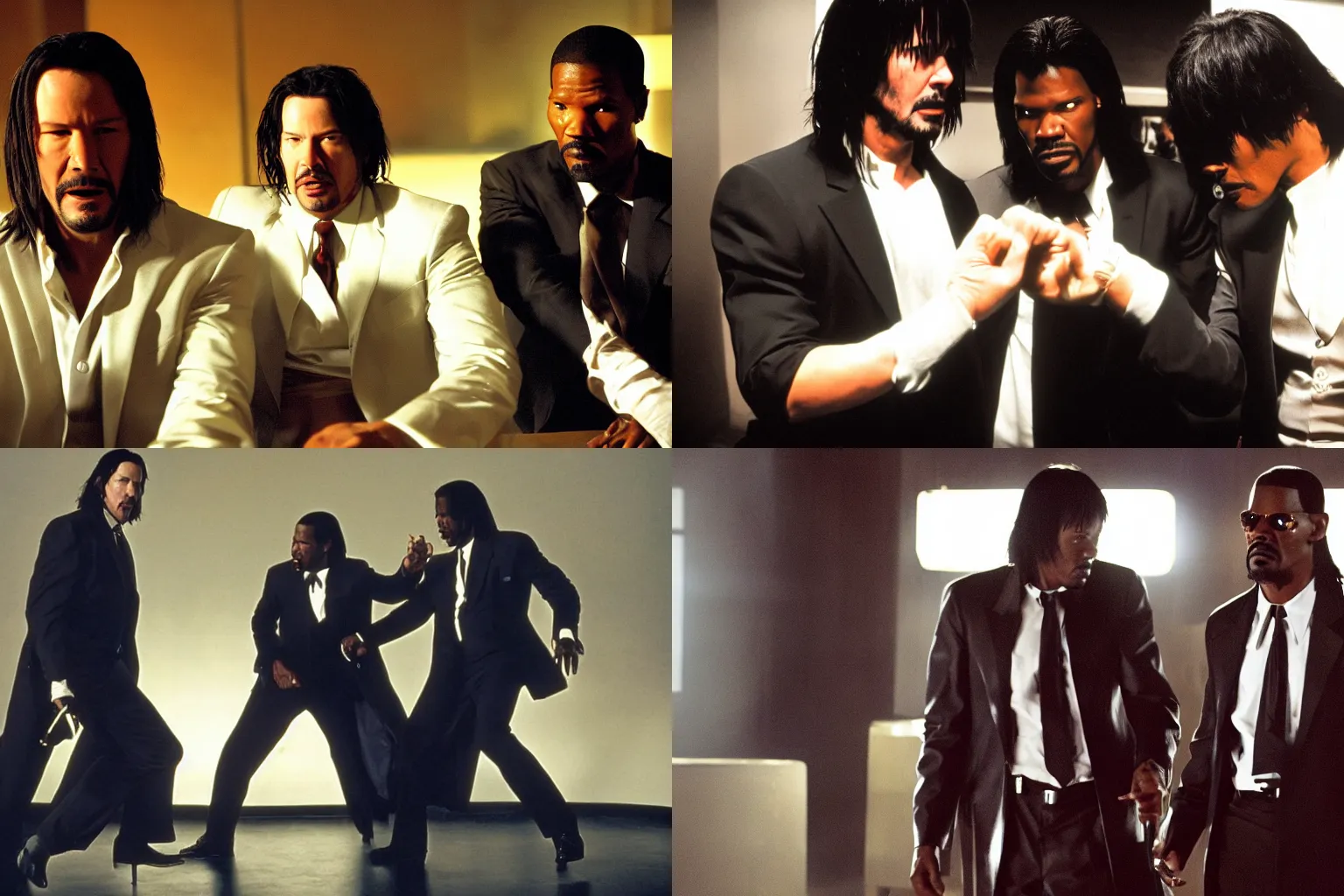 Prompt: keanu reeves as vincent vega and jamie foxx as jules winnfield in a modern remake of pulp fiction, film still, tarantino, dramatic lighting,
