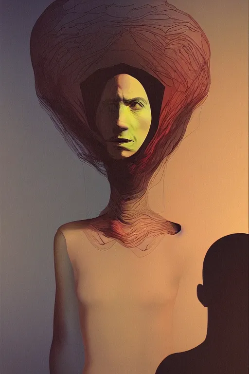 Image similar to woman wearing Oculus and digital glitch head Edward Hopper and James Gilleard, Zdzislaw Beksisnski, higly detailed