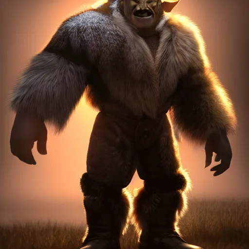 Image similar to A full body shot of a handsome orc looking into the camera wearing a fur jacket and boots, full body shot, artstation, realistic, highly detailed, symmetrical, hyper realism, high detail, octane render, unreal engine, 8k, fantasy art, highly detailed, concept art