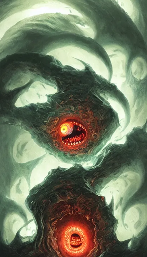 Image similar to a storm vortex made of many demonic eyes and teeth, from magic the gathering