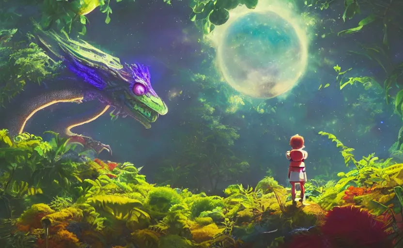 Prompt: a still of a cute adorable tiny astronaut, on a planet of lush colorful foliage, with an enormous kaiju dragon surrounding the full background, magical forest, sharp focus, neon backlit, highly detailed, disney pixar studio ghibli makoto shinkai, digital painting, matte, octane render, cinematic bloom, global illumination, iridescent, anime, 8 k concept art