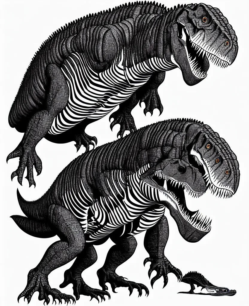 Prompt: tyrannosaurus rex walking around, symmetrical, accurate, simple clean black lines, black and white, white background and fill, coloring book, comic book, graphic art, line art, vector art, by martina matteucci, pavel shvedov, peter lundqvist, diane ramic, christina kritkou, artstation