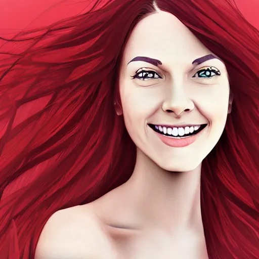 Image similar to a smiling woman with red hair, green eyes, dimples, and rosy cheeks, digital art