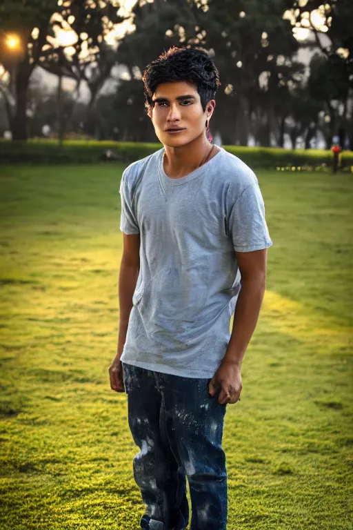 Prompt: beautiful photo of a very handsome young peruvian man in a park in lima in the early ours of the morning with morning fog and dew on the grass. sunrise. nature. photography. national geographic. detailed face and hair, ultra hd, sharp. volumetric lighting, hasselblad. nikon z 9. 1 0 0 mm. f / 2. 5