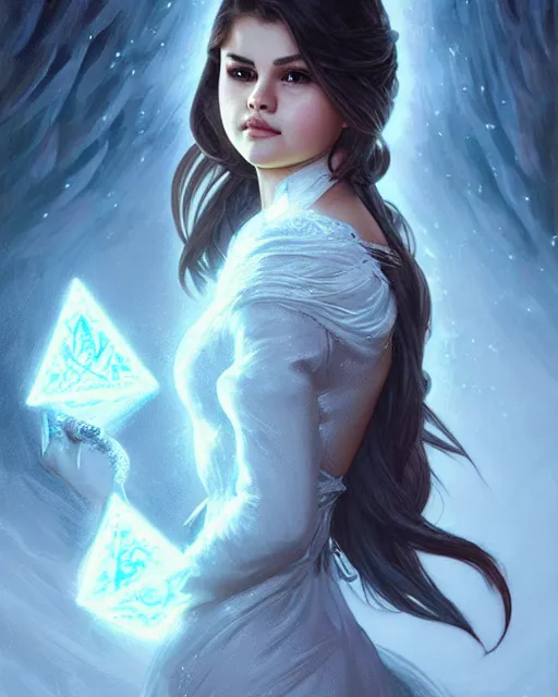 Image similar to Selena Gomez casting an frost spell, D&D, fantasy, intricate, elegant, highly detailed, digital painting, artstation, concept art, matte, sharp focus, illustration, hearthstone, art by Artgerm and Greg Rutkowski and Alphonse Mucha