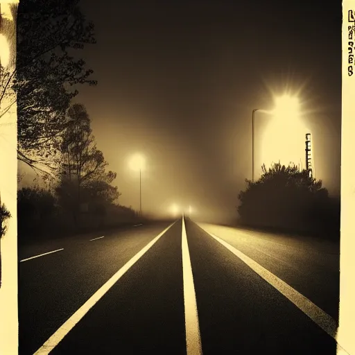 Image similar to television tower behind the trees at night with a man and car on the road in front with the fog, in the style of david lynch, movie camera low aperture