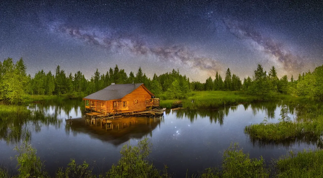 Image similar to A photo of a cabin next to a pond at nighttime, the Milky Way and stars are above, the stars are reflected in pond , 4K high quality, high detail, high definition award winning photo.