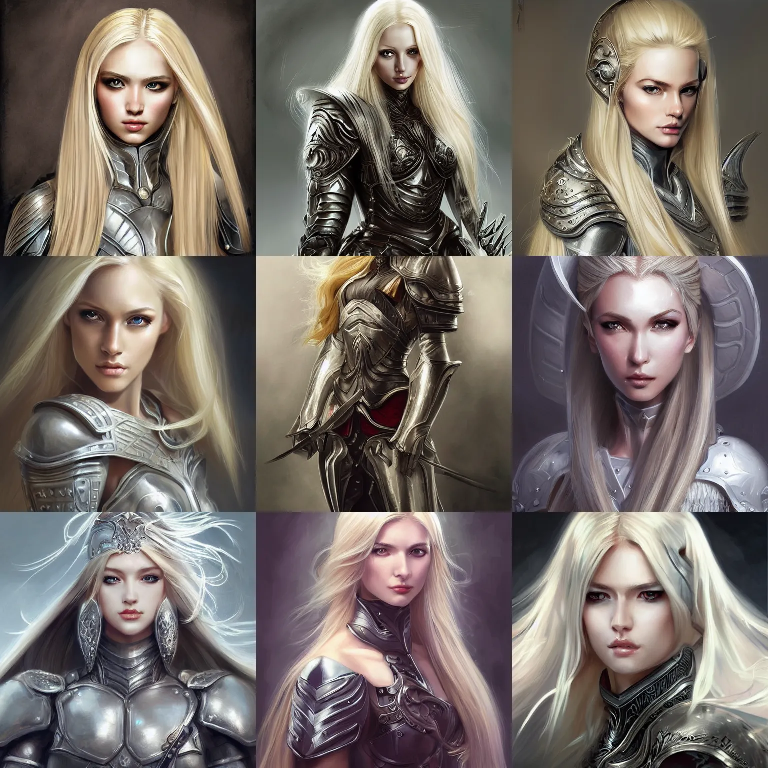 Prompt: fantasy woman, long blonde hair, white plate armor, highly detailed, perfect facial detail, beautiful, elegant, high fantasy, style of artgerm, rutkowski, giacometti, wlop