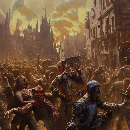 Image similar to zombies attack medieval town, close up, painting by gaston bussiere, craig mullins, j. c. leyendecker, 4 k, 8 k, trending on artstation, artstationhd, artstationhq, highest detail