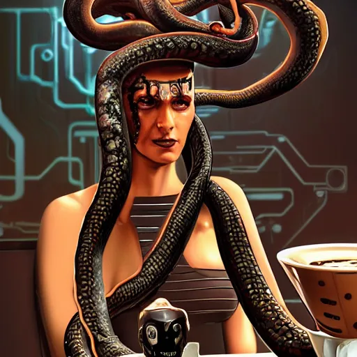 Image similar to real life terminator gorgon medusa with borg implants and robotic snakes coming out of her head sitting at a cafe having a cup of coffee. Tiny green led lights in her cybernetics. very detailed 8k