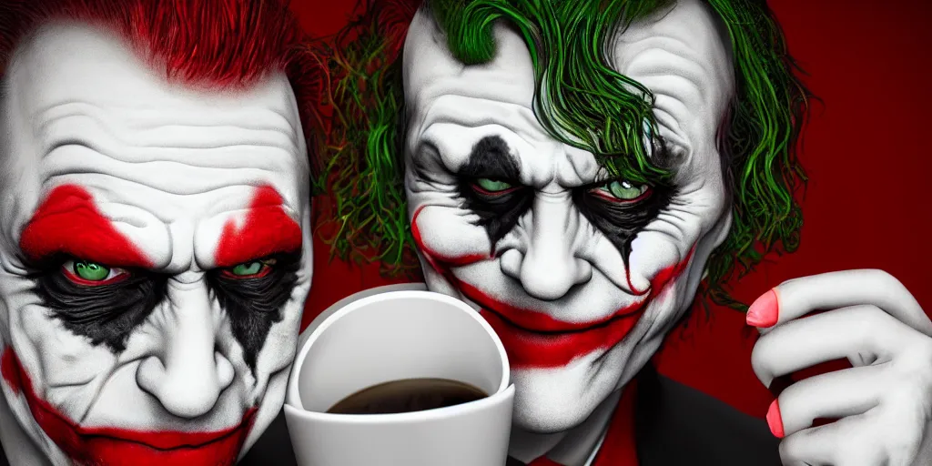 Prompt: High detail portrait of Joker with cynical face drinking coffee, high render,8k.