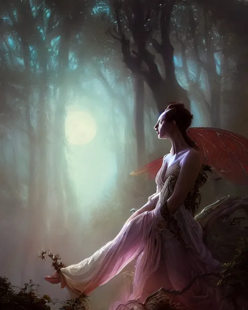 Image similar to a portrait of beautiful fairy goddness fly high in the night, d & d, fantasy, mist, full moon in background, trees, hyper detailed,, midium shot, an oil painting by ruan jia, trending on artstation, concept art, sharp focus, illustration, gaston bussiere, craig mullins, j. c. leyendecker, beautiful lighting