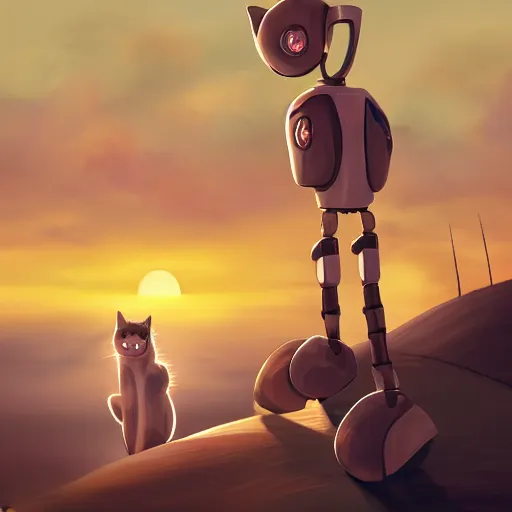 Prompt: a cat with a robot watching the sunset, digital art, smooth, detailed, artstation