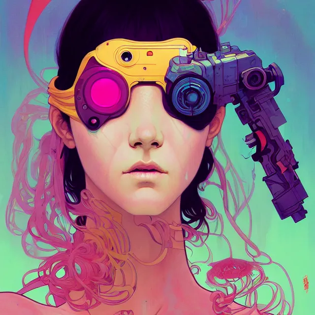 Prompt: a beautiful portrait painting of a cyberpunk girl with a blindfold by ( sachin teng ) and pascal blanche! and alphonse mucha! and nekro! and josan gonzalez and rhads. in style of digital art. colorful comic, film noirs, symmetry, brush stroke, vibrating colors, hyper detailed. octane render. trending on artstation