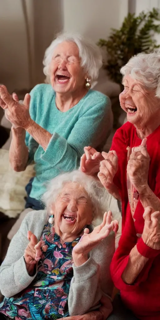 Prompt: laughing grandmas on magic mushrooms in the house