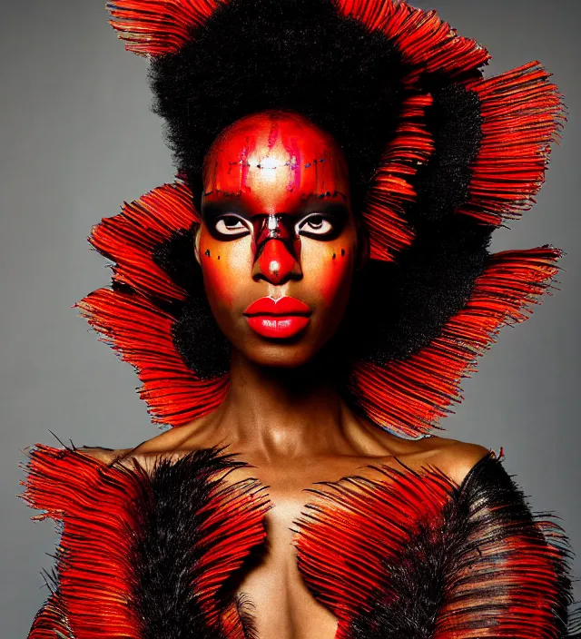 Prompt: photography face portrait of one beautifull black woman, stylish hair, with red lips and colorfull makeup in rainforest, wearing one organic futurist cape designed by iris van herpen,, photography by paolo roversi nick knight, helmut newton, avedon, and araki, sky forest background, natural pose, highly detailed, skin grain detail