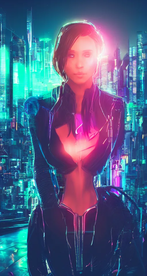Image similar to Portrait of a beautiful cyberpunk women, trending on artstation, city skyline on background, neon lights, glow, sunset, crystal color, 4k
