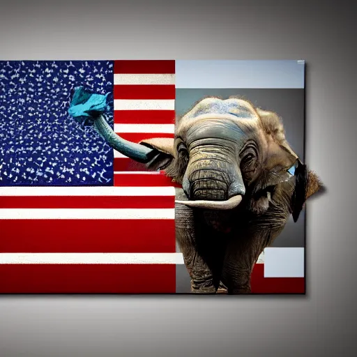 Image similar to elephant yoda as potus american flag, modern art placed in a large living room, art designers magazine hd photo superrealism 3 d 8 k resolution