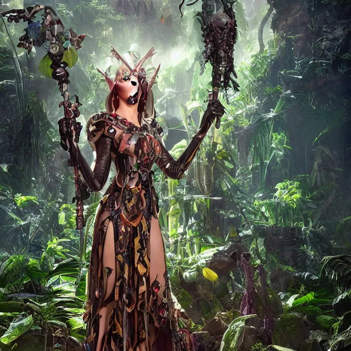 Image similar to mystical evil android queen with obsidian eyes, wearing an elaborate helmet, in a jungle, octane render, 8 k, unreal engine, by todd mcfarlane and artgerm and greg rutkowski and alphonse mucha