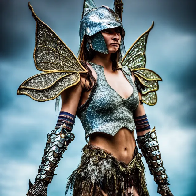 Image similar to full body photo of a fairy warrior wearing sparkly armour, highly detailed, 4 k, hdr, smooth, sharp focus, high resolution, award - winning photo