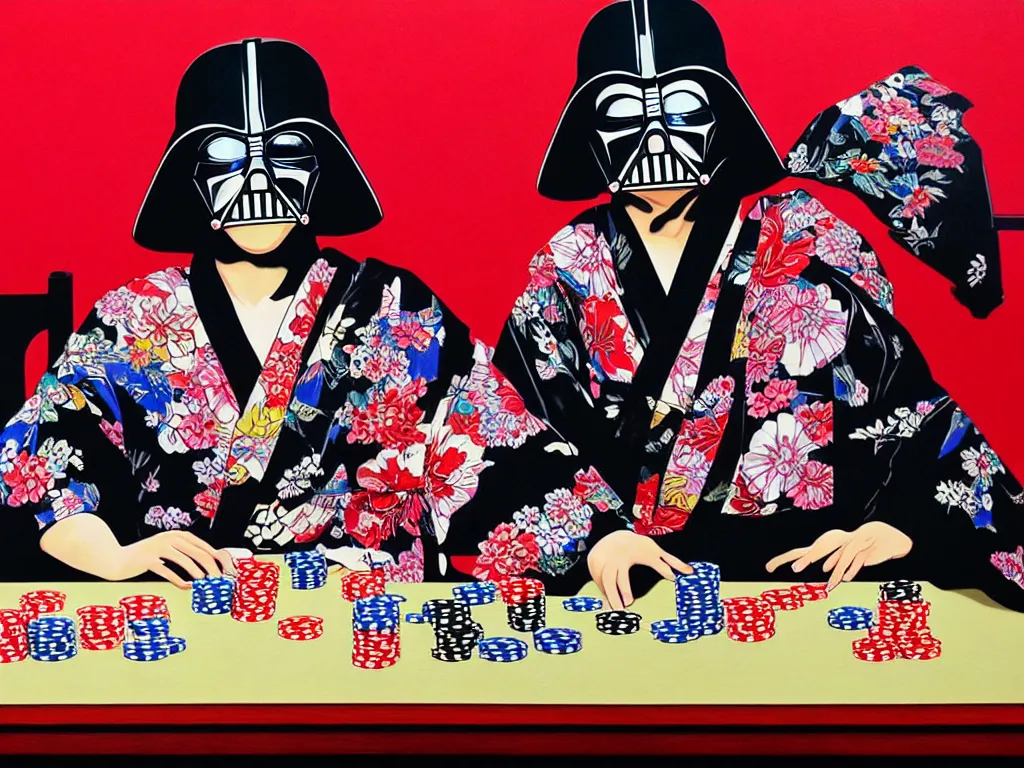 Image similar to hyperrealism composition of the detailed woman in a japanese kimono sitting at an extremely detailed poker table with darth vader, fireworks and folding screen on the background, pop - art style, jacky tsai style, andy warhol style, acrylic on canvas