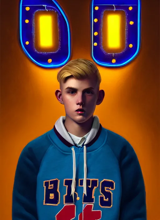 Image similar to portrait of high school senior boy named big moose, blonde short hair, jock, beefy, wide face, square jaw, square facial structure, blue varsity jacket with letter r, intricate, elegant, glowing lights, highly detailed, digital painting, artstation, concept art, sharp focus, illustration, art by wlop, mars ravelo and greg rutkowski