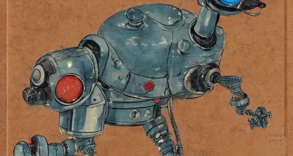 Prompt: a detailed illustration of a cute retro robot dog, alcohol inks on parchment, muted colors, detailed, textured parchment background, bosch, 1 9 5 0 s concept art