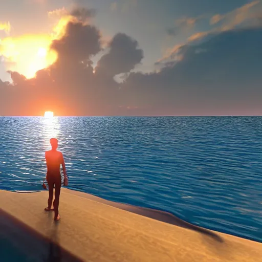 Image similar to swimming into the sunset, realistic, warm lighting, unreal engine