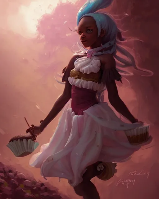 Image similar to a ( ( girl as personification of chocolate cupcake ) ), beauty, fantasy bakery, digital painting by krenz cushart, greg rutkowski, artgerm, laurie greasly, wlop, intricate, highly detailed!!, sharp focus, smooth, epic composition, joyful, unreal engine, masterpiece, 8 k