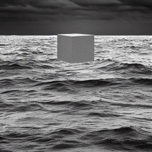 Prompt: a cube in the middle of the sea with images of a tumultuous storm at sea on its sides. in the style of Richard Serra. cinematic. black and white