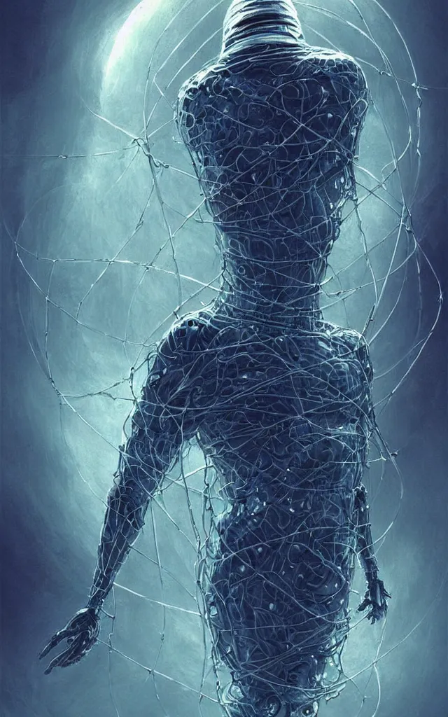 Prompt: human wrapped in a neural cyber cocoon plugged spirit machine, perfect future, award winning scifi art