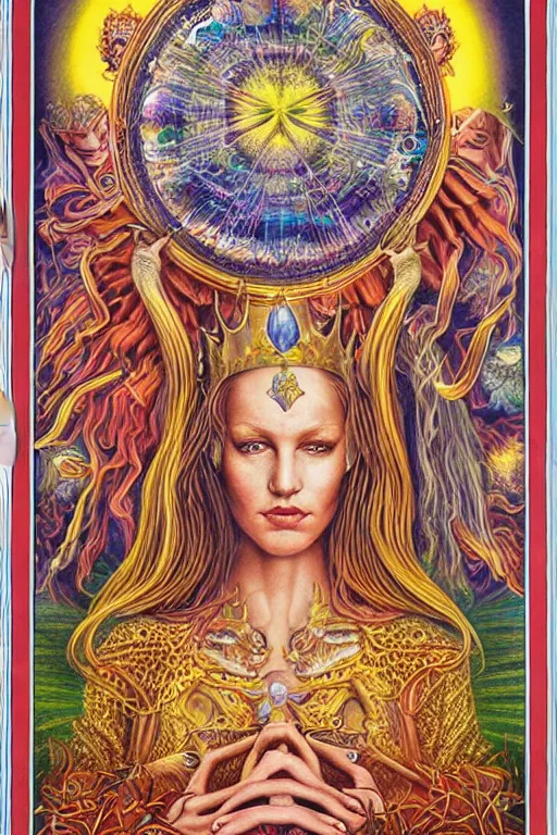 Image similar to beautiful tarot card of the queen of dreams by carol bak and jacek yerka and alex grey, oil on canvas, intricate border, symmetrical, portrait, 8k highly professionally detailed, HDR, CGsociety