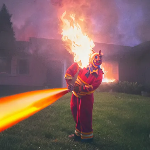 Image similar to photo of a clown using a flamethrower projecting a long bright flame towards a house fire, award-winning, highly-detailed, 8K