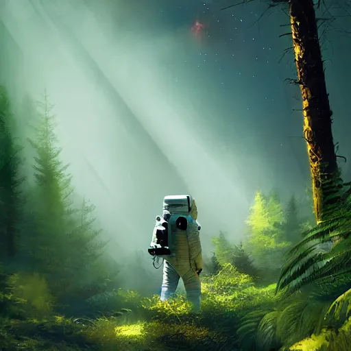 Image similar to american astronaut in the forest, plants environment, wide angle, cinematic lighting, atmospheric, realistic, octane render, highly detailed, cgsociety, in the style of craig mullins