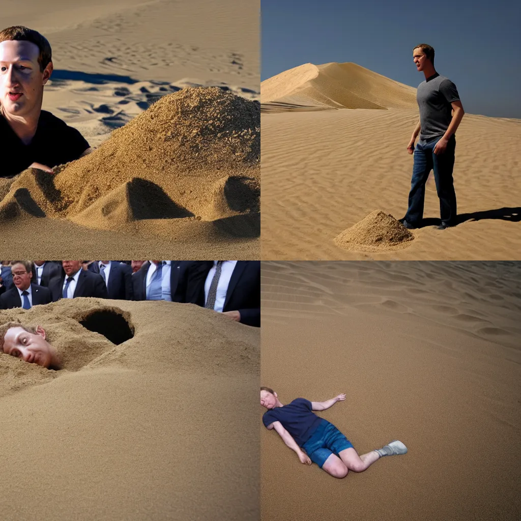 Prompt: mark zuckerberg buried in a pile of sand