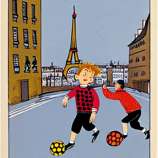 Image similar to book illustration of a french boy on the streets of paris playing football against a corgi, the dog is wearing a polka dot scarf, 1 9 6 6