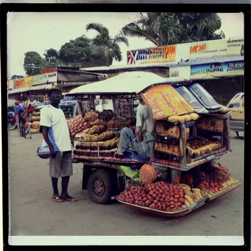 Prompt: old polaroids of futuristic african mobile market places in lagos traffic, side of taxi as fruit stand