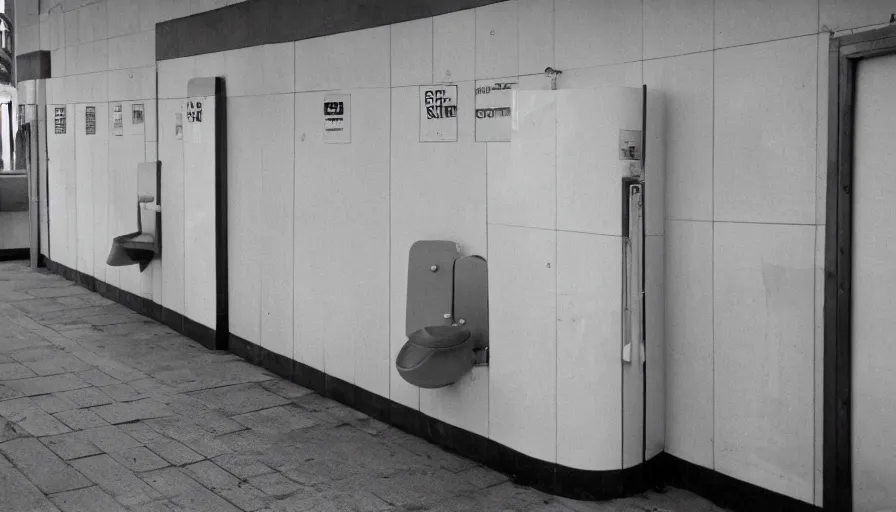 Image similar to 60s movie still of empty public toilets visible toilets, cinestill 800t 50mm eastmancolor, liminal Space style, heavy grain-s 150