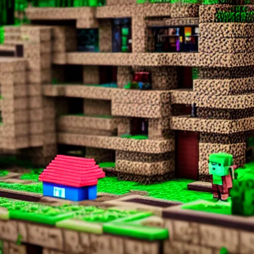 Image similar to macro photo of a miniature ho scale aesthetic minecraft house figure, taken with canon 8 0 d, canon 1 0 0 mm f / 2. 8