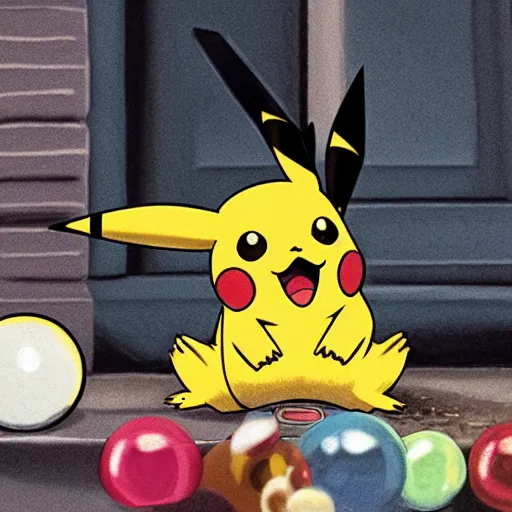 Image similar to a pikachu sitting next to a bag of marbles in an alley, baroque painting, closeup