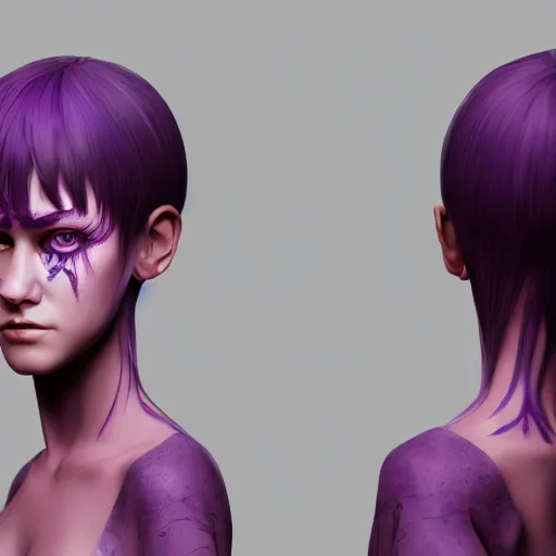 Image similar to artstation young teen with purple eyes and very thin purple tentacles on her head, furious, very detailed, portrait, high contrast, unreal engine 5