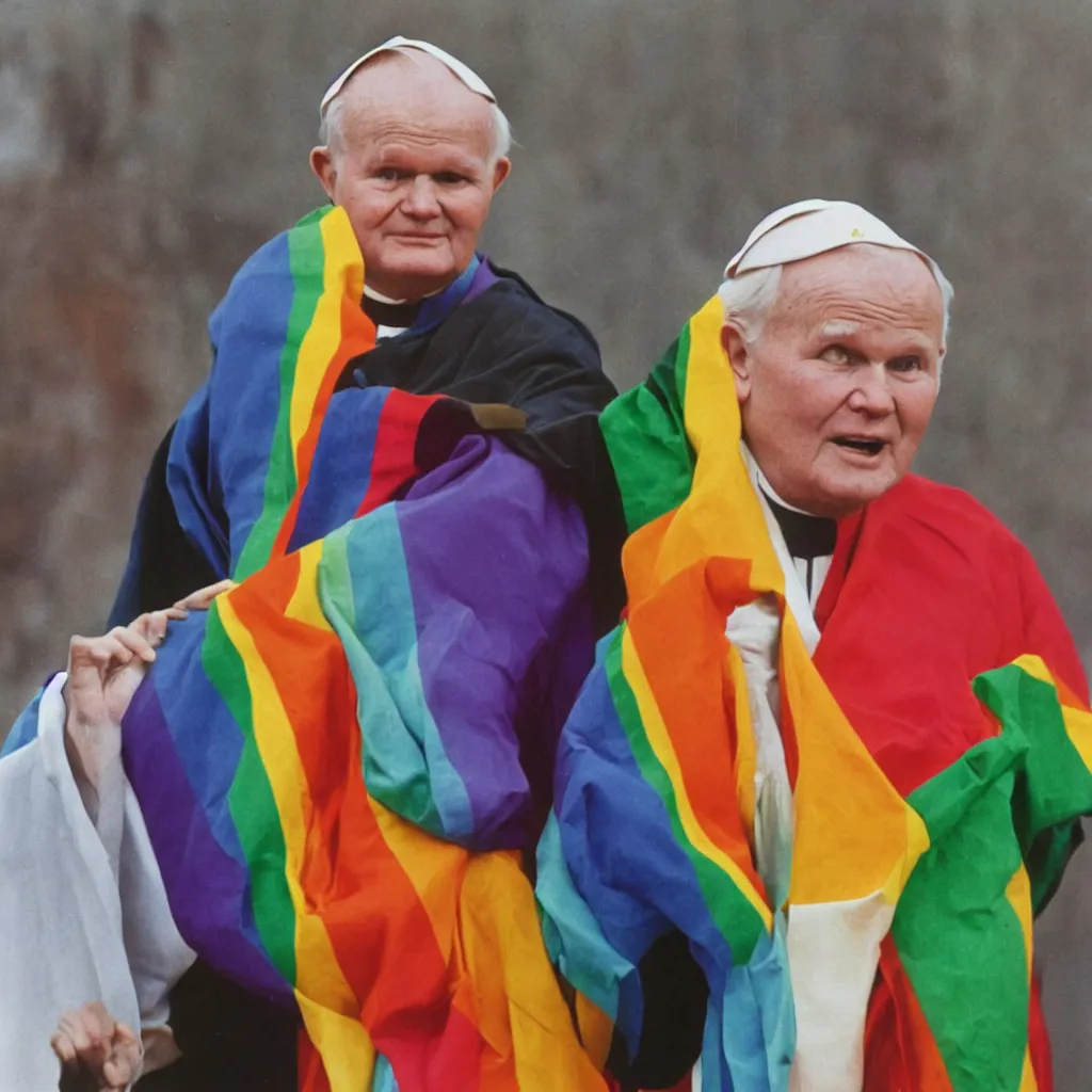 Image similar to John Paul II wearing a lgbt colored robe