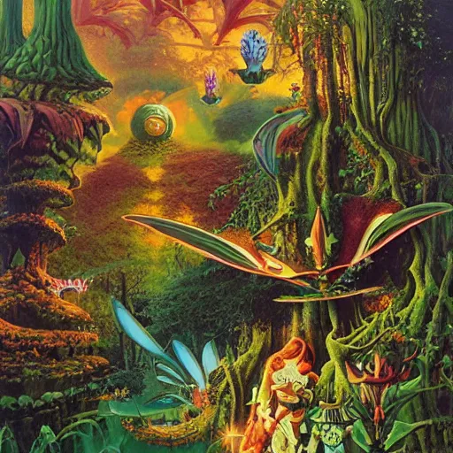 Prompt: fairie forest by kilian eng, chris foss, rodney matthews, robert mccall, jacek yerka and vladimir kush, oil on canvas