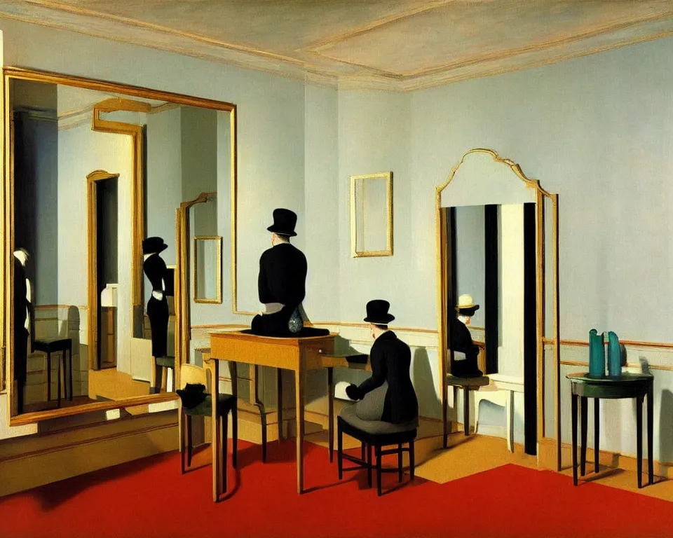 Image similar to achingly beautiful painting of a sophisticated, well - decorated, modern dressing room by rene magritte, monet, and turner.