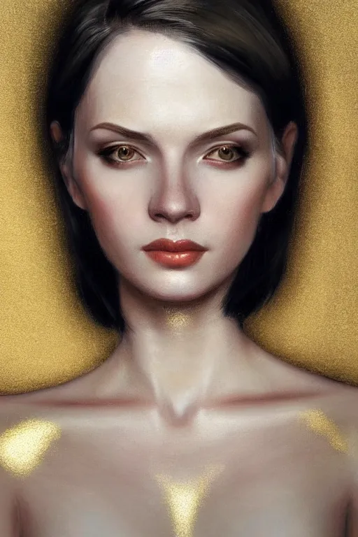 Image similar to Portrait of a beautiful pale skin Nordic female with short black hair, elegant, photorealistic, highly detailed, artstation, smooth, sharp focus, gold ornaments, neon lighting, sci-fi, art by Klimt.