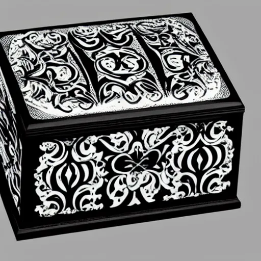 Image similar to ornate box design modern black and white color scheme, zeff style