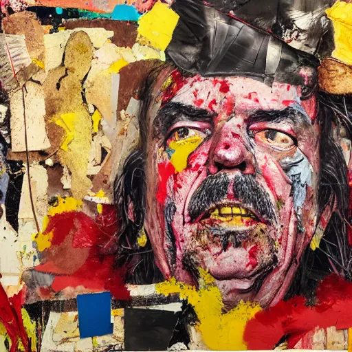 Image similar to hyperrealistic, photorealistic, mixed media oil painting of captain beefheart, magazine scraps, plaster, blood, oil, mustard, splatter, greg rutkowski, basquiat, ralph steadman, wesley kimler, terry gilliam, andy warhol, wesley kimler